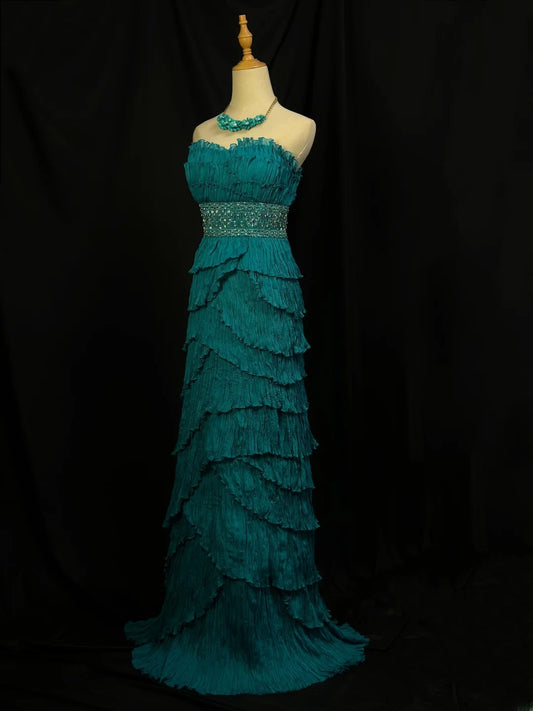 Vintage 1950s Prom Dresses A Line Strapless Blue Satin With Ruffle Tiered Crystals Party Gown Formal Outfits RB6135