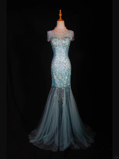Vintage Mermaid 80s Boat Blue Tulle With Beads Long Prom Dresses Impress 20th Birthday Outfit Formal Gowns AS295