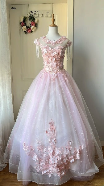 Sweet 15 Quinceanera Dress Ball Gown Scoop Pink With Appliques Long 16th Birthday Outfits RC0631