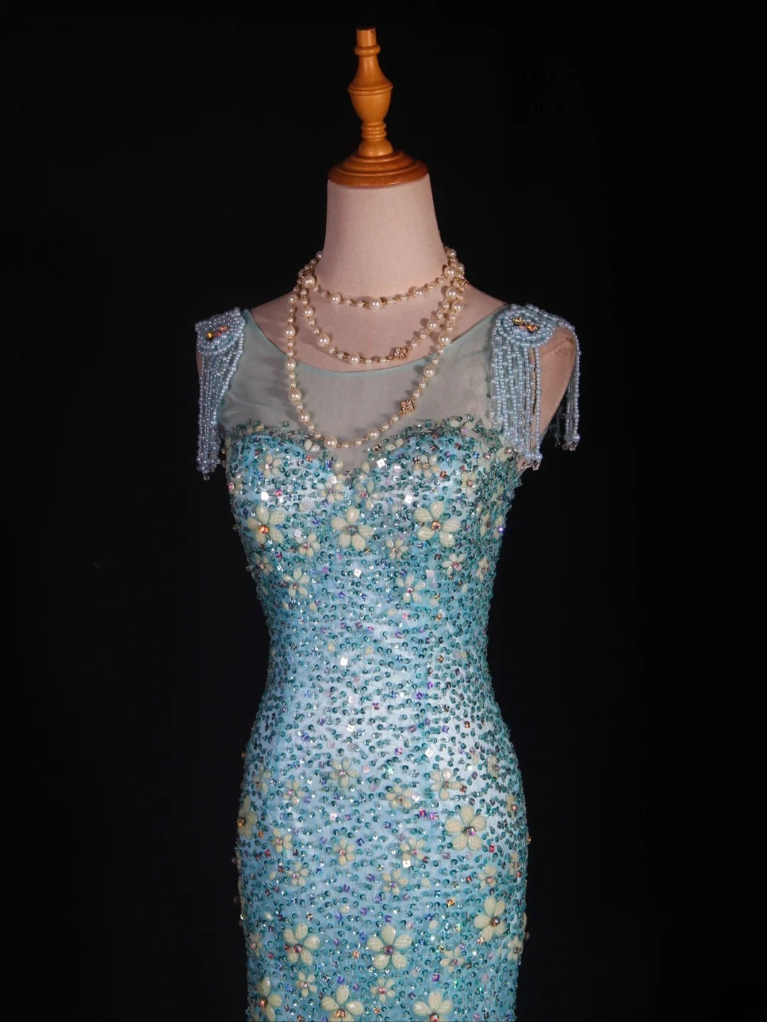 Vintage Mermaid 80s Boat Blue Tulle With Beads Long Prom Dresses Impress 20th Birthday Outfit Formal Gowns AS295