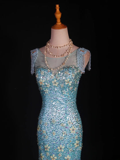 Vintage Mermaid 80s Boat Blue Tulle With Beads Long Prom Dresses Impress 20th Birthday Outfit Formal Gowns AS295