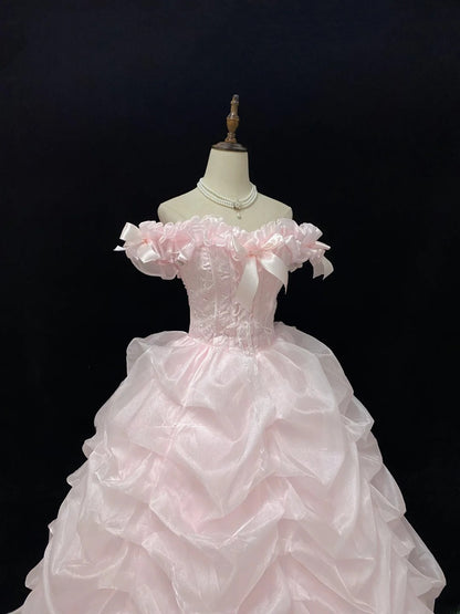 Cute Ball Gowns Off The Shoulder Pink Organza Poofy Long With Tiered Layers Quince Dress inspo Quinceanera Dresses Vestidos De 16 anos RB7745
