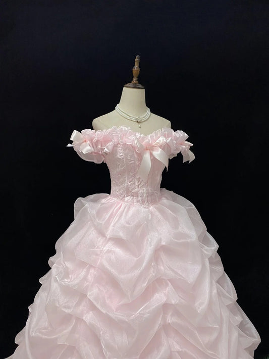 Cute Ball Gowns Off The Shoulder Pink Organza Poofy Long With Tiered Layers Quince Dress inspo Quinceanera Dresses Vestidos De 16 anos RB7745