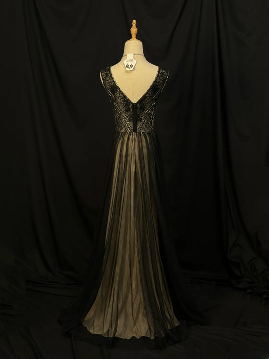 Vintage 70s Prom Dresses A Line V Neckline Black Tulle Satin With Crystals Party Gown Formal Outfits RB6136