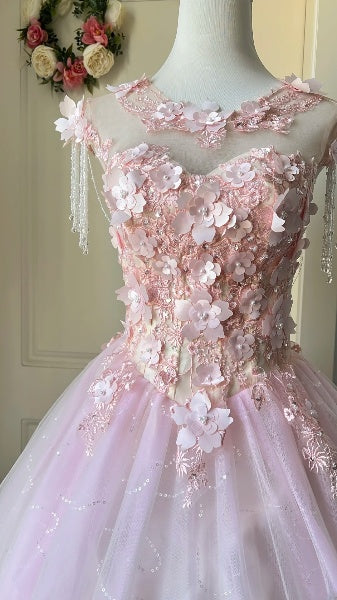 Sweet 15 Quinceanera Dress Ball Gown Scoop Pink With Appliques Long 16th Birthday Outfits RC0631