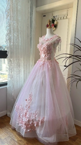 Sweet 15 Quinceanera Dress Ball Gown Scoop Pink With Appliques Long 16th Birthday Outfits RC0631