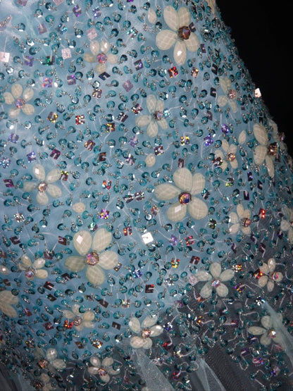 Vintage Mermaid 80s Boat Blue Tulle With Beads Long Prom Dresses Impress 20th Birthday Outfit Formal Gowns AS295