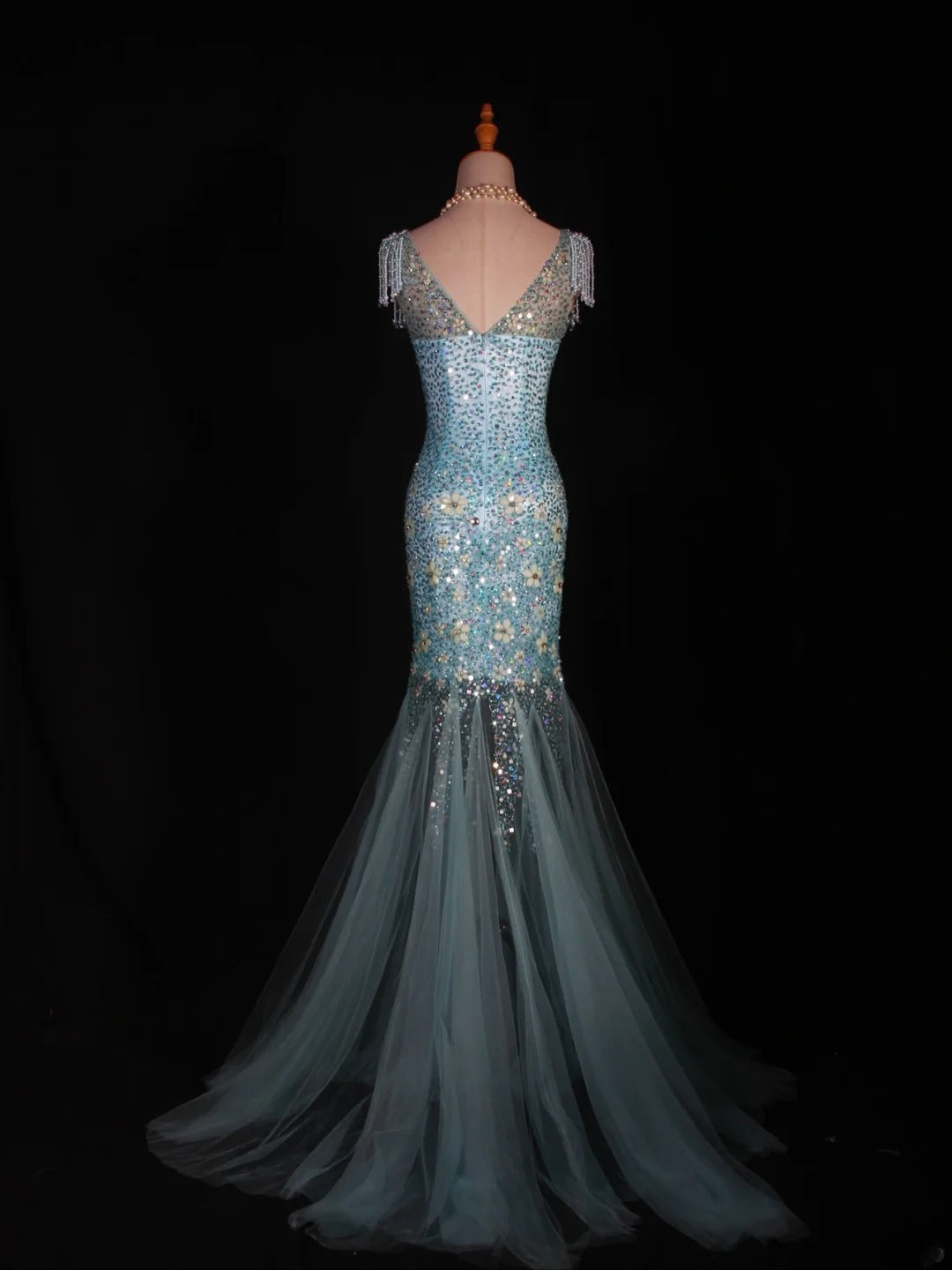 Vintage Mermaid 80s Boat Blue Tulle With Beads Long Prom Dresses Impress 20th Birthday Outfit Formal Gowns AS295