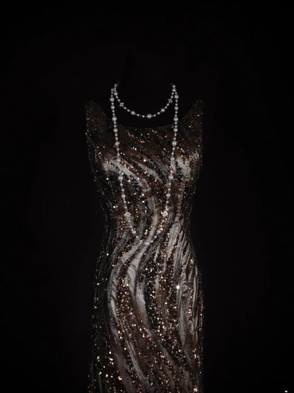 Vintage Meerjungfrauen-Abendkleid im 80er-Jahre-Stil mit Pailletten und Perlen, langes Kleid, perfektes Outfit zum 20. Geburtstag, formelles Abendkleid AS296