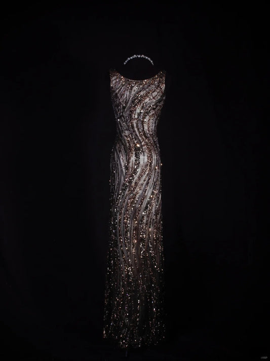 Vintage Meerjungfrauen-Abendkleid im 80er-Jahre-Stil mit Pailletten und Perlen, langes Kleid, perfektes Outfit zum 20. Geburtstag, formelles Abendkleid AS296