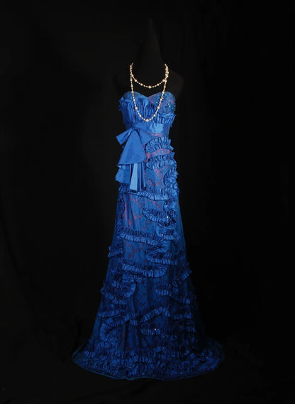 Vintage A-Linien-Abendkleid aus königsblauem Satin im Stil der 1960er Jahre mit Spitzen- und Perlenoberteil – ein beeindruckendes Outfit für den 18. Geburtstag (AS297).