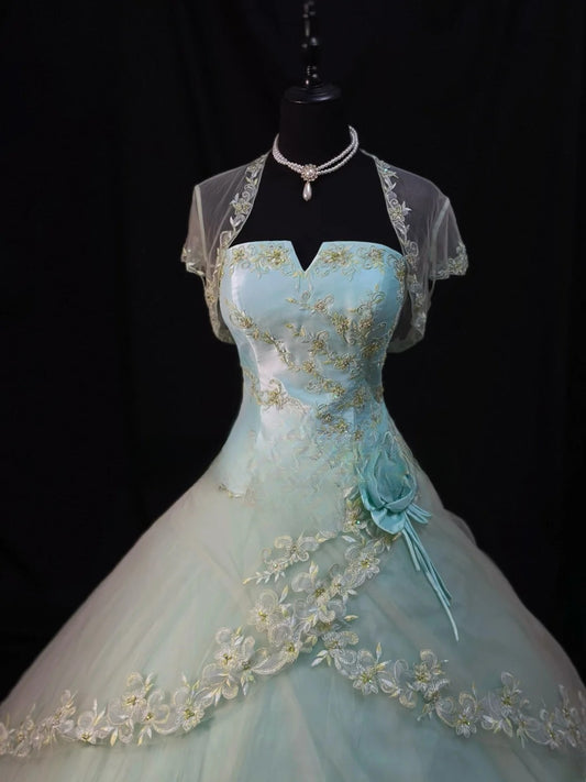 Pretty Ball Gown Sweetheart Light Green Tulle With Jacket Corset Fitted Long 15 Quinceanera Dresses Photo Ideas Formal Outfit RB6137