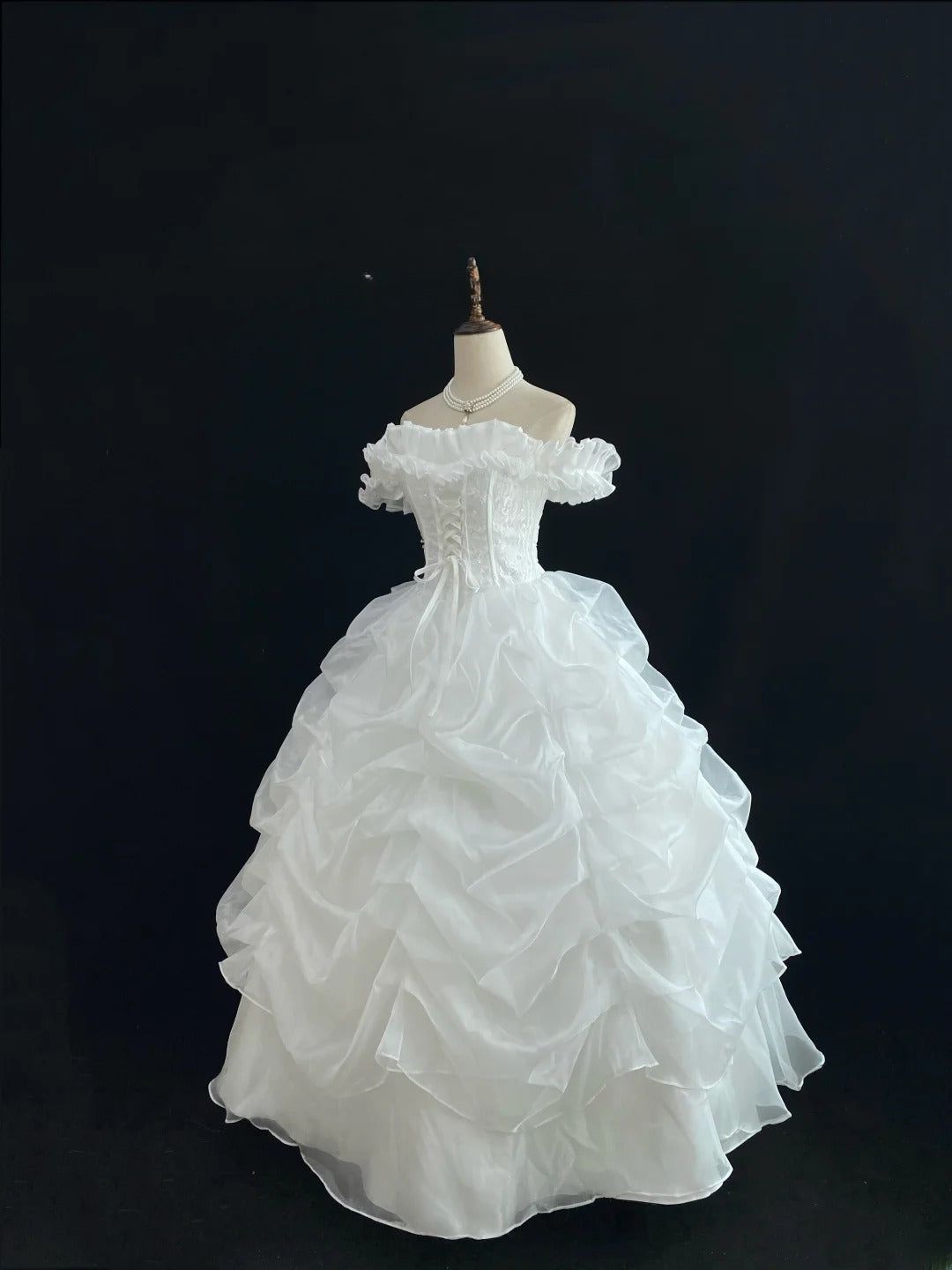 Cute Ball Gowns Off The Shoulder White Organza Poofy Long With Tiered Layers Quince Dress inspo Quinceanera Dresses Vestidos De 16 anos RB7746