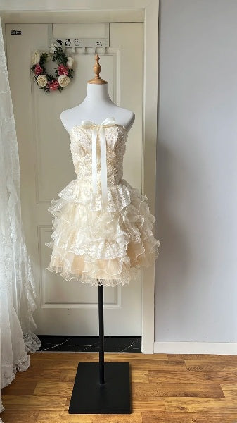 Hoco Dress Ball Gown Strapless Champagne Short Homecoming 17th Birthday Party Dress RC0632