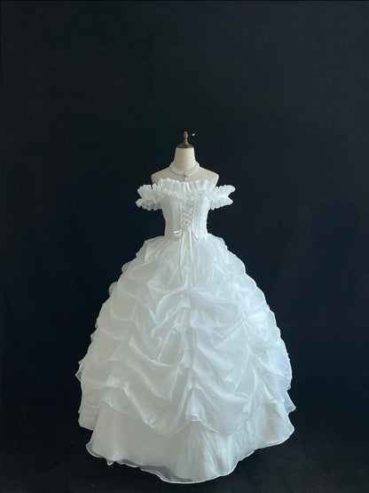 Cute Ball Gowns Off The Shoulder White Organza Poofy Long With Tiered Layers Quince Dress inspo Quinceanera Dresses Vestidos De 16 anos RB7746