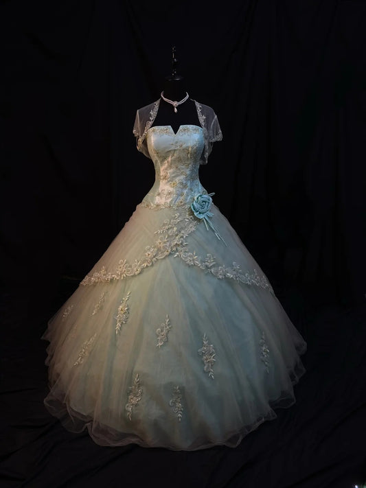 Pretty Ball Gown Sweetheart Light Green Tulle With Jacket Corset Fitted Long 15 Quinceanera Dresses Photo Ideas Formal Outfit RB6137