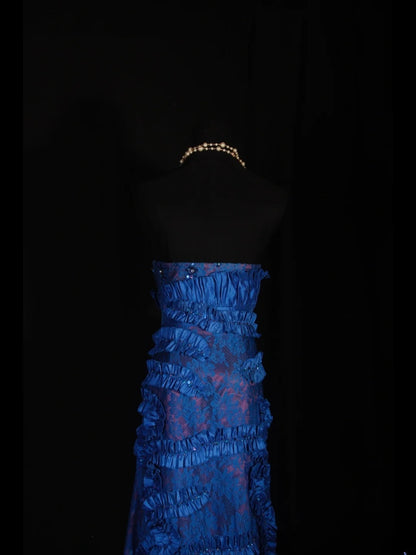 Vintage A-Linien-Abendkleid aus königsblauem Satin im Stil der 1960er Jahre mit Spitzen- und Perlenoberteil – ein beeindruckendes Outfit für den 18. Geburtstag (AS297).