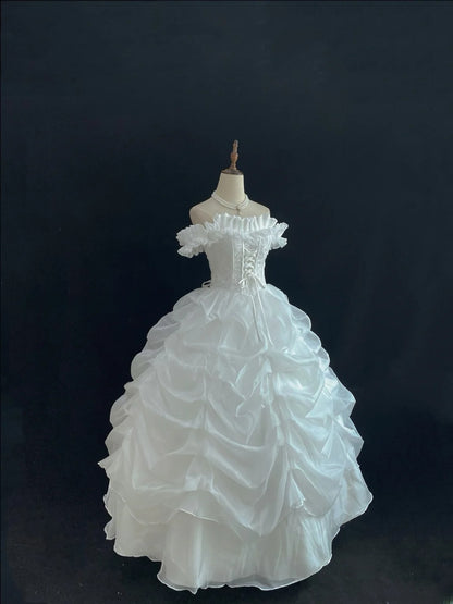 Cute Ball Gowns Off The Shoulder White Organza Poofy Long With Tiered Layers Quince Dress inspo Quinceanera Dresses Vestidos De 16 anos RB7746