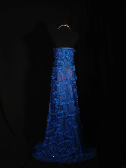 Vintage A-Linien-Abendkleid aus königsblauem Satin im Stil der 1960er Jahre mit Spitzen- und Perlenoberteil – ein beeindruckendes Outfit für den 18. Geburtstag (AS297).