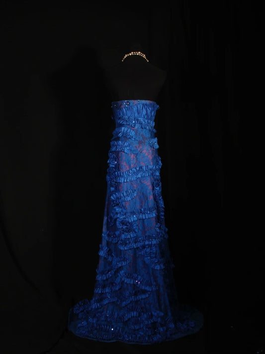 Vintage A-Linien-Abendkleid aus königsblauem Satin im Stil der 1960er Jahre mit Spitzen- und Perlenoberteil – ein beeindruckendes Outfit für den 18. Geburtstag (AS297).