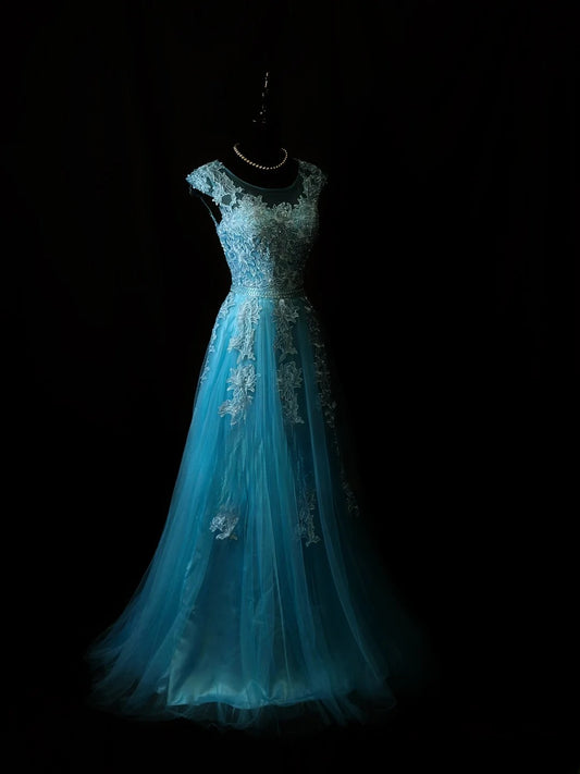 Vintage 70s Prom Dresses A Line Scoop Neckline Blue Tulle With Appliqued Party Gown Formal Outfits RB6138