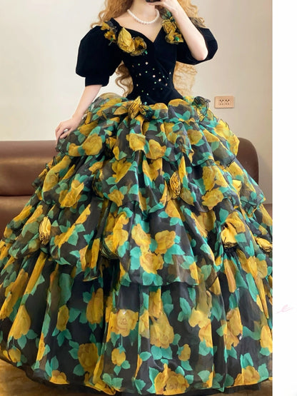 Prom Dress Elegant Ball Gown Floral Yellow Chiffon Formal Evening Gown for Women Graduation Party RB9348