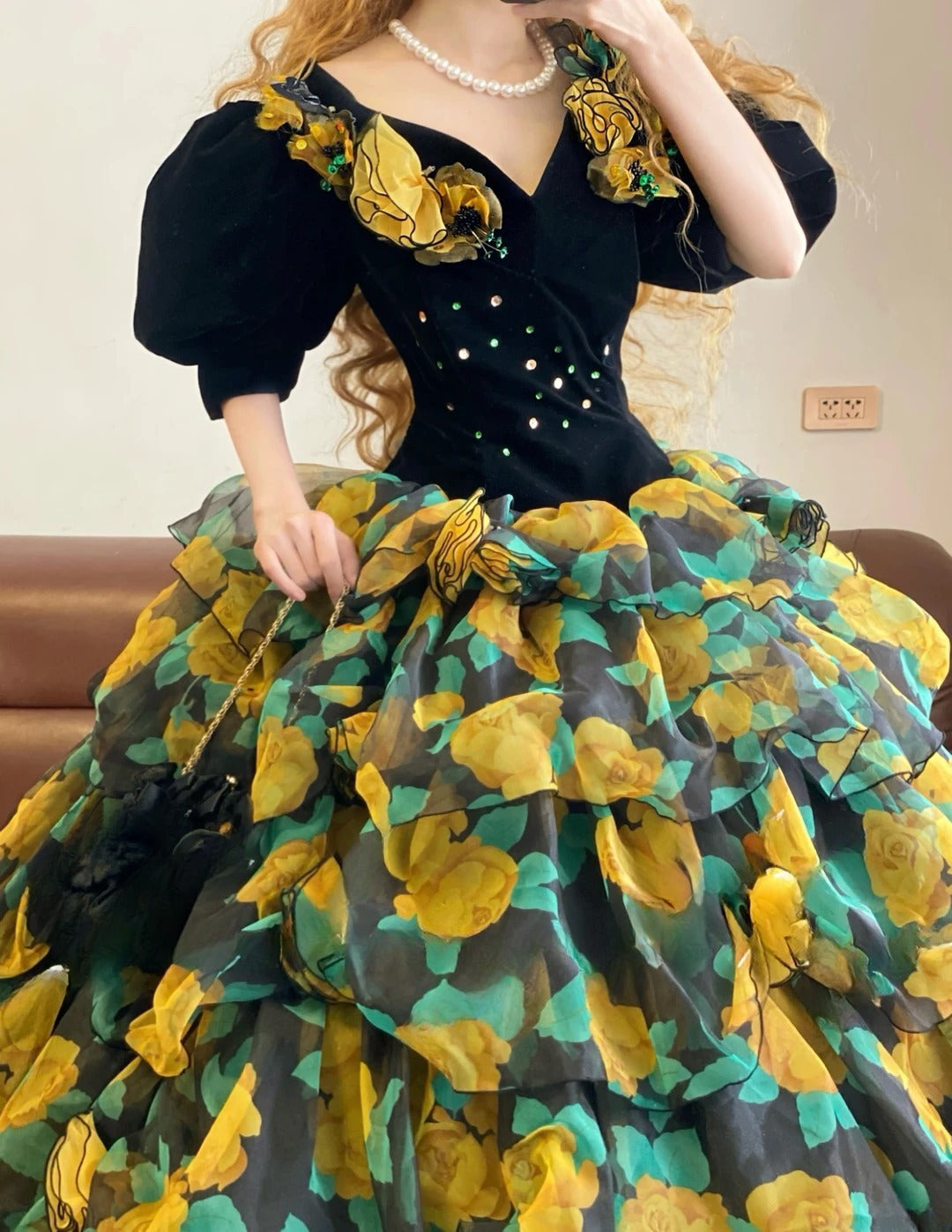 Prom Dress Elegant Ball Gown Floral Yellow Chiffon Formal Evening Gown for Women Graduation Party RB9348