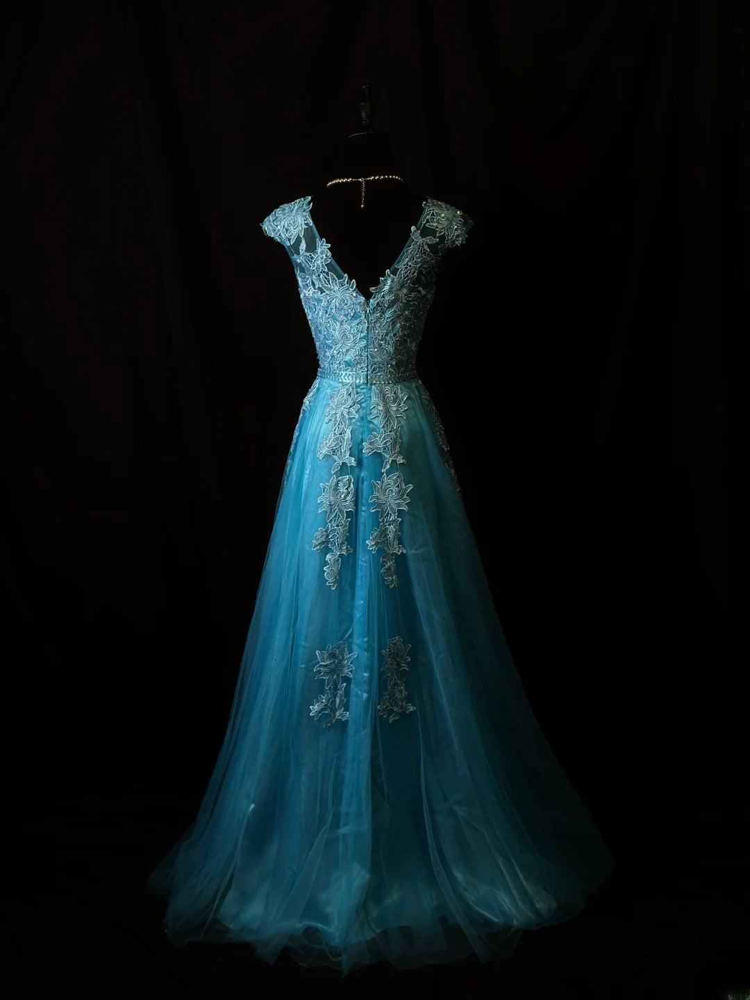Vintage 70s Prom Dresses A Line Scoop Neckline Blue Tulle With Appliqued Party Gown Formal Outfits RB6138