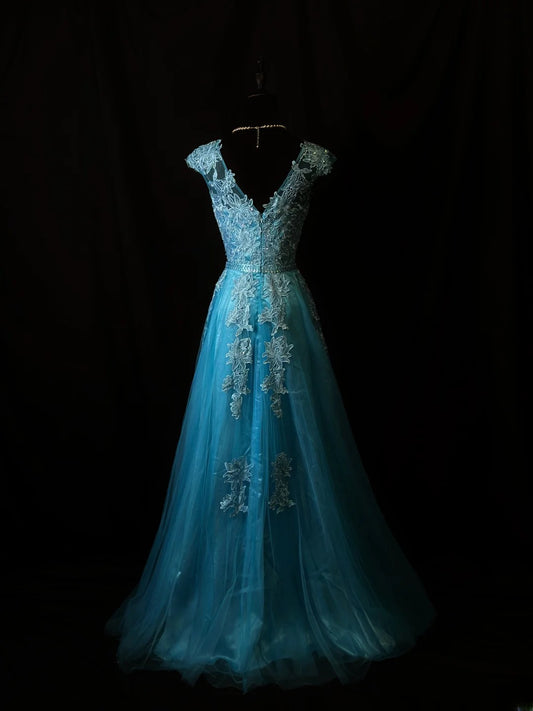 Vintage 70s Prom Dresses A Line Scoop Neckline Blue Tulle With Appliqued Party Gown Formal Outfits RB6138