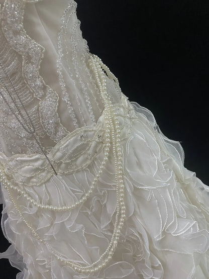 Vintage 80s Mermaid Spaghetti Straps Ivory Tulle Sweep Train With Tiered Layers Beading Brides Gown Bridal Dress Wedding Dresses RB7747