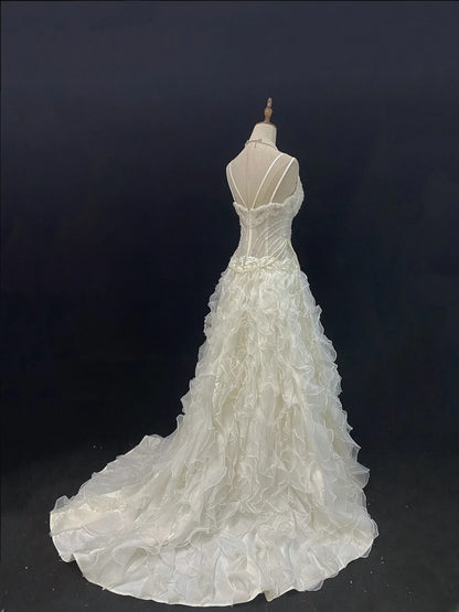 Vintage 80s Mermaid Spaghetti Straps Ivory Tulle Sweep Train With Tiered Layers Beading Brides Gown Bridal Dress Wedding Dresses RB7747