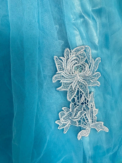 Vintage 70s Prom Dresses A Line Scoop Neckline Blue Tulle With Appliqued Party Gown Formal Outfits RB6138