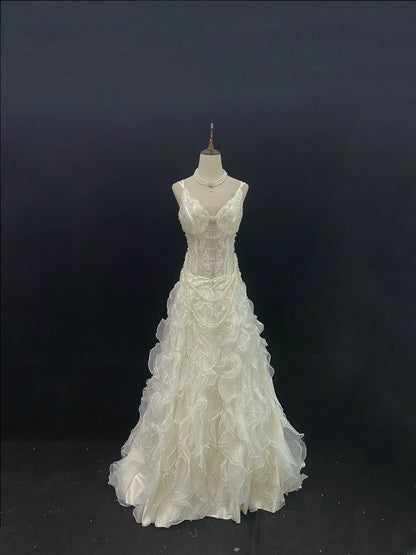 Vintage 80s Mermaid Spaghetti Straps Ivory Tulle Sweep Train With Tiered Layers Beading Brides Gown Bridal Dress Wedding Dresses RB7747