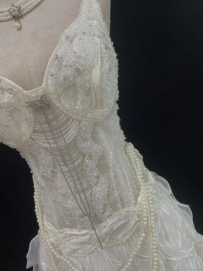 Vintage 80s Mermaid Spaghetti Straps Ivory Tulle Sweep Train With Tiered Layers Beading Brides Gown Bridal Dress Wedding Dresses RB7747