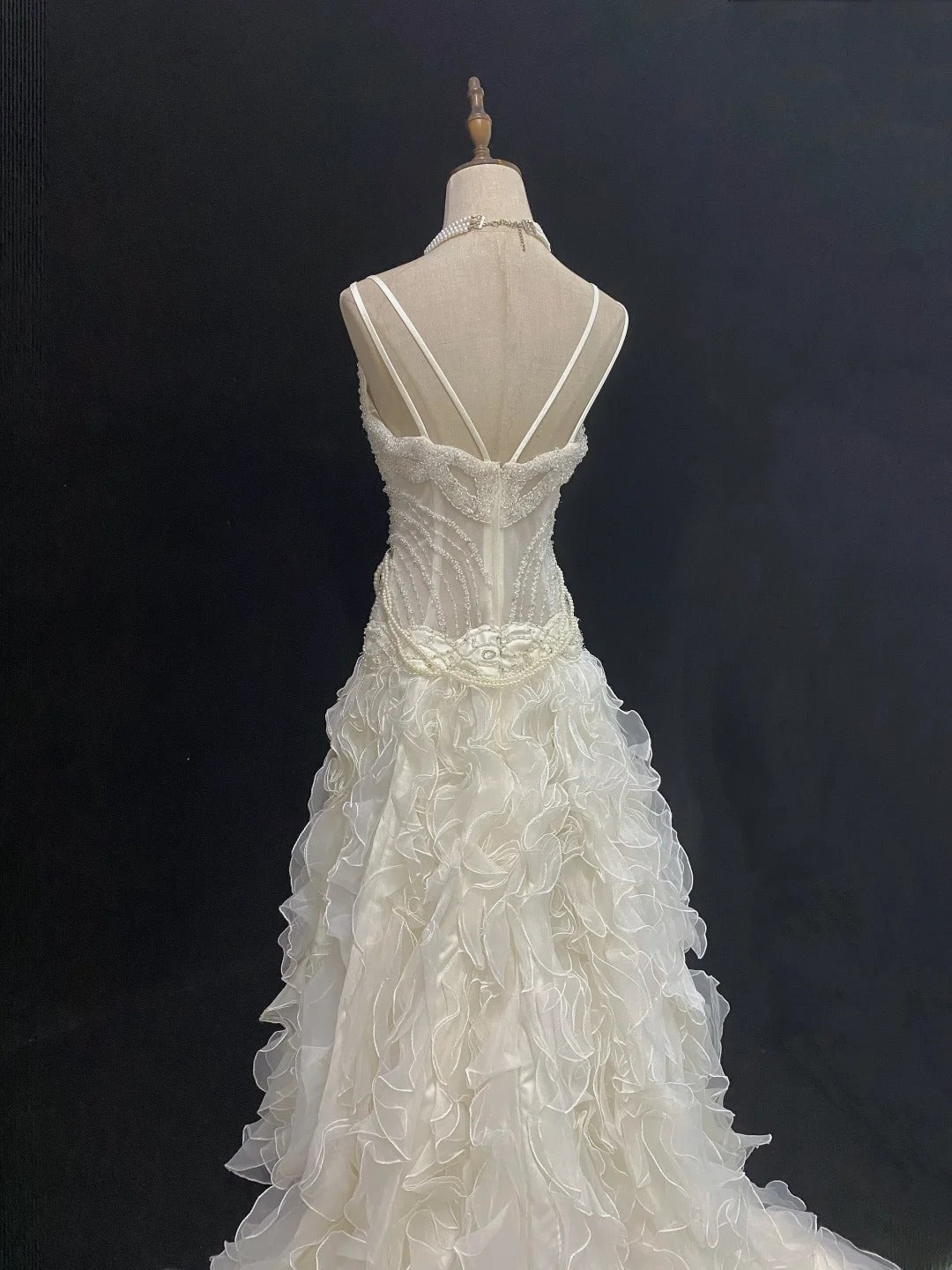 Vintage 80s Mermaid Spaghetti Straps Ivory Tulle Sweep Train With Tiered Layers Beading Brides Gown Bridal Dress Wedding Dresses RB7747