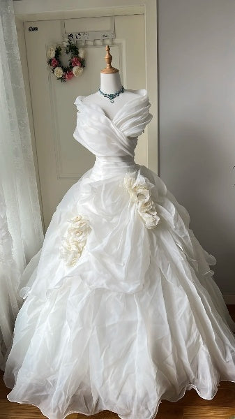 Timeless Wedding Dress Ball Gown Off The Shoulder White Tulle With Ruffled Long Bridal Gown RC0633