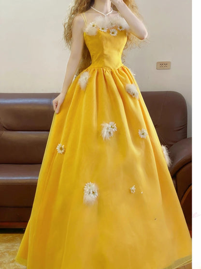 Prom Dress Elegant Ball Gown Spaghetti Straps Yellow Formal Evening Gown for Women Graduation Party RB9349