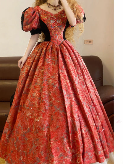 Ball Gown Sweetheart Floral Red Sweet 16 Dress With Puffy Sleeves Sweet Sixteen Princess Dress RB9350