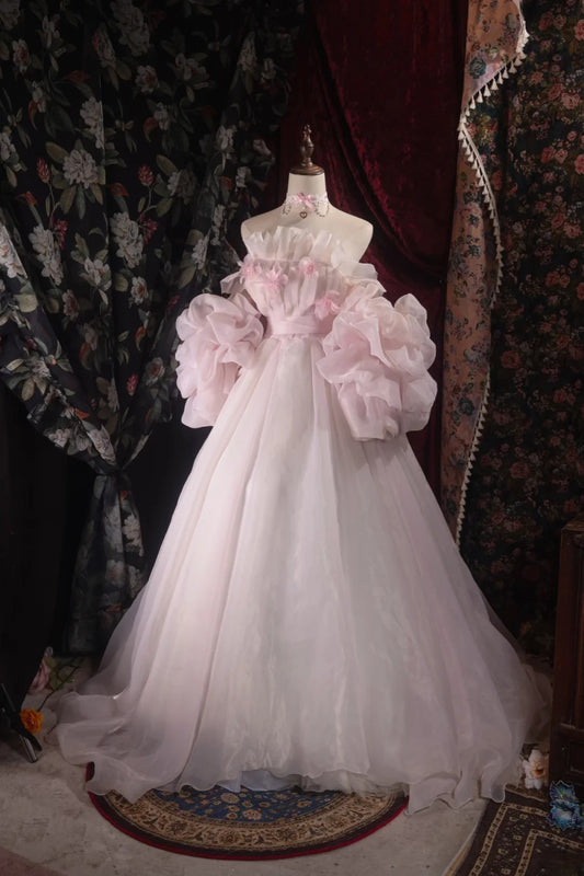 Regal Ball Gown Formal Events Strapless Pink Tulle With Sleeves Quince Dress Long Quinceanera Dresses Birthday Outfits RB8538