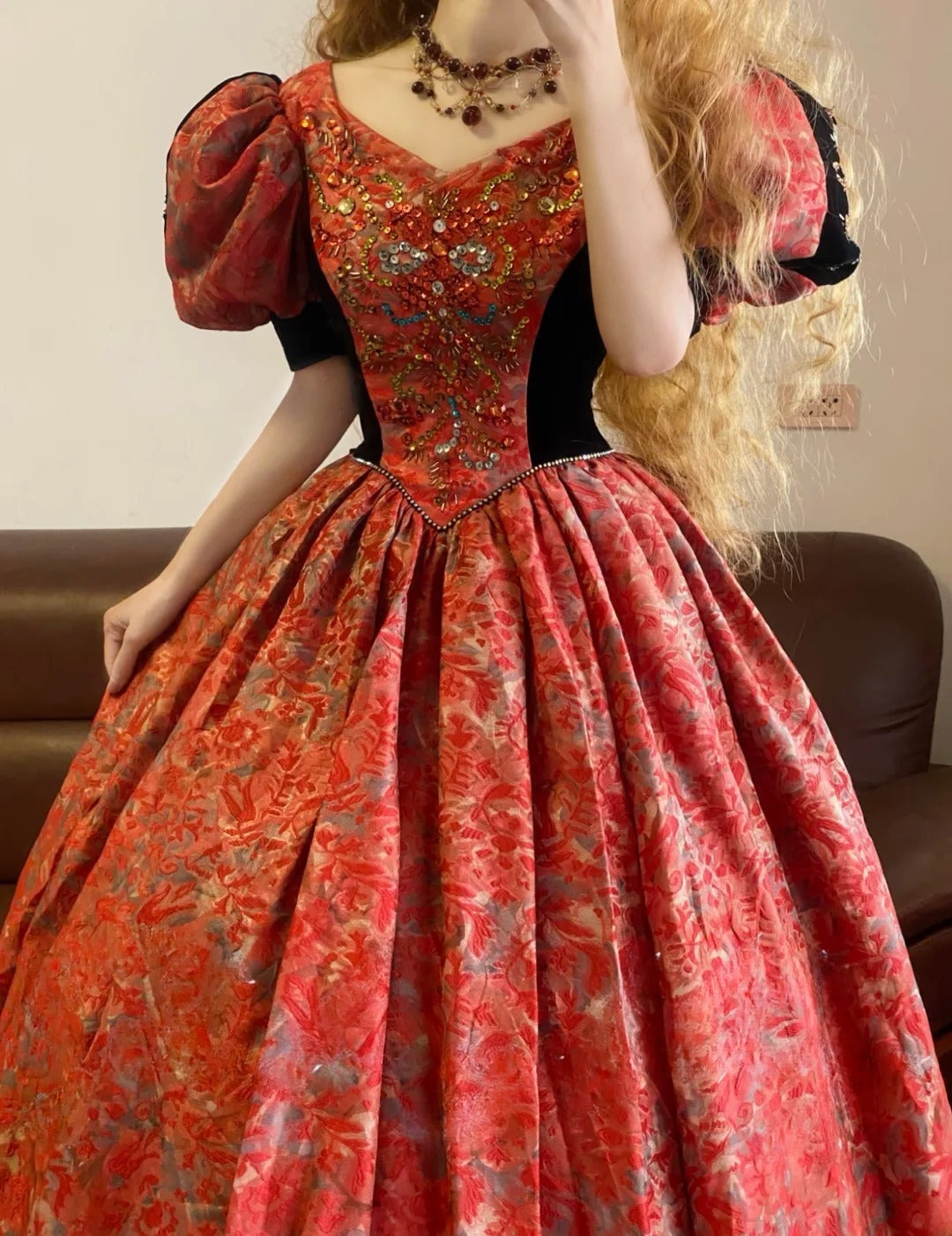 Ball Gown Sweetheart Floral Red Sweet 16 Dress With Puffy Sleeves Sweet Sixteen Princess Dress RB9350