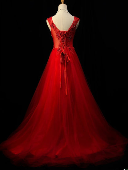 Modest Prom Dresses Ball Gown Scoop Red Tulle With Appliqued Night Evening Formal Outfits RB6158