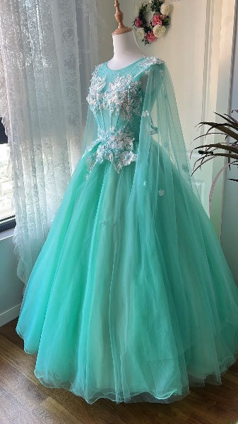 Sweet 15 Quinceanera Dress Ball Gown Scoop Blue With Appliques Long 16th Birthday Outfits RC0634