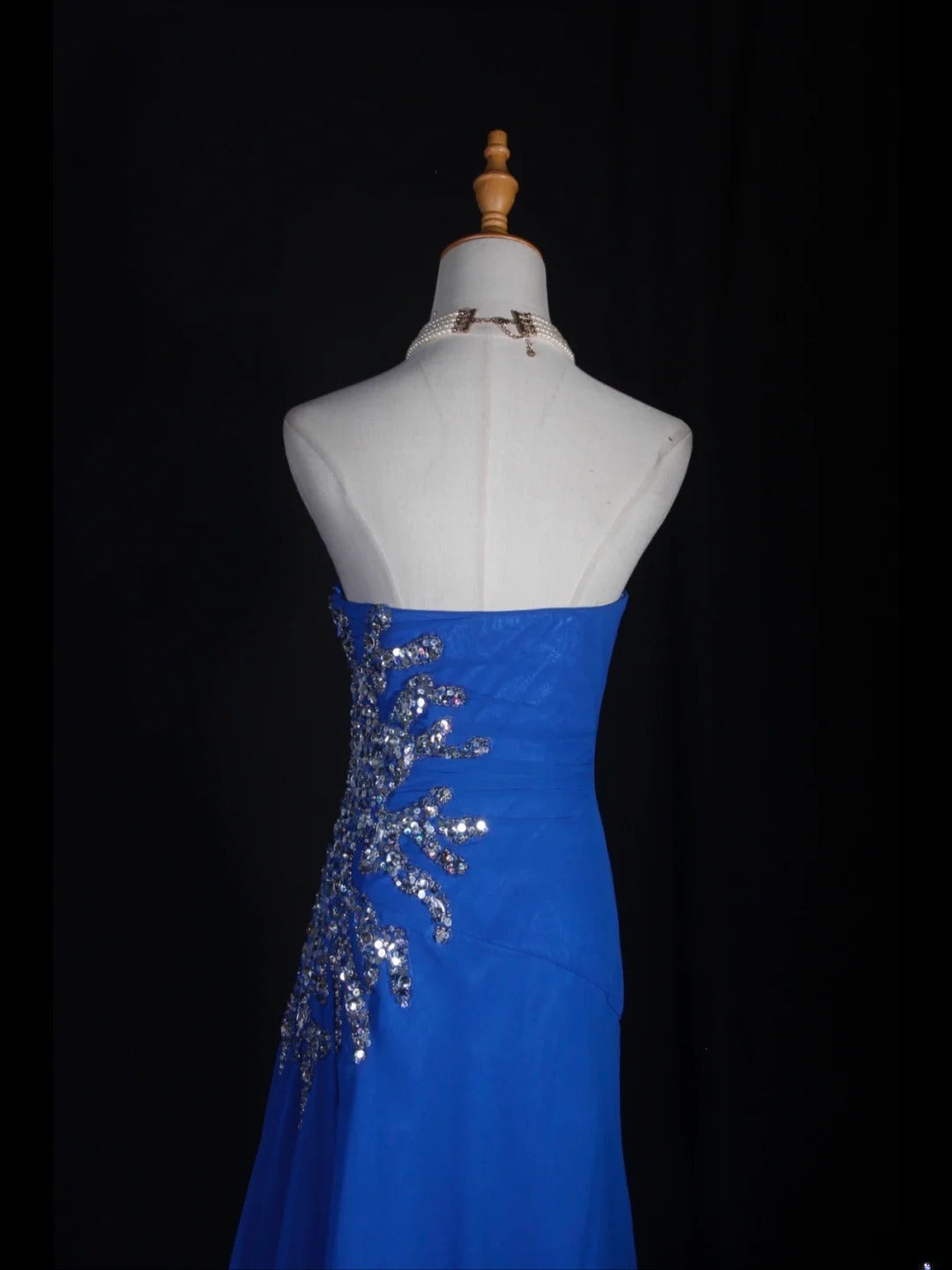 Retro-Meerjungfrauenkleid im Stil der 1960er Jahre: Königsblaues Chiffonkleid mit silbernen Perlen am Oberteil, langes Ballkleid, Inspiration für den 22. Geburtstag, formelles Abendkleid AS300
