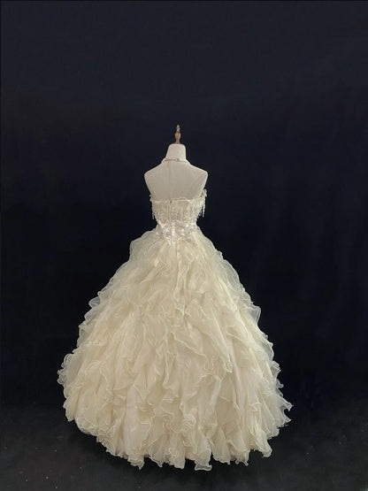 Cute Ball Gowns Strapless Ivory Tulle Sleeveless Poofy Long With Tiered Layers Quince Dress inspo Quinceanera Dresses Vestidos De 16 anos RB7749