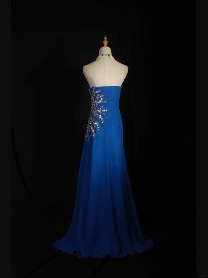 Retro-Meerjungfrauenkleid im Stil der 1960er Jahre: Königsblaues Chiffonkleid mit silbernen Perlen am Oberteil, langes Ballkleid, Inspiration für den 22. Geburtstag, formelles Abendkleid AS300