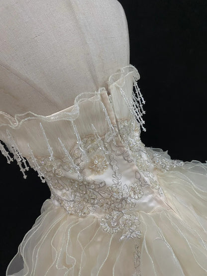 Cute Ball Gowns Strapless Ivory Tulle Sleeveless Poofy Long With Tiered Layers Quince Dress inspo Quinceanera Dresses Vestidos De 16 anos RB7749