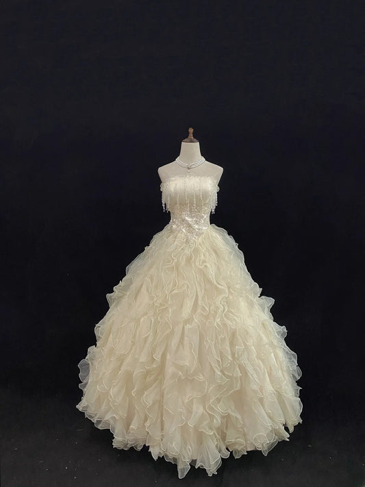 Cute Ball Gowns Strapless Ivory Tulle Sleeveless Poofy Long With Tiered Layers Quince Dress inspo Quinceanera Dresses Vestidos De 16 anos RB7749