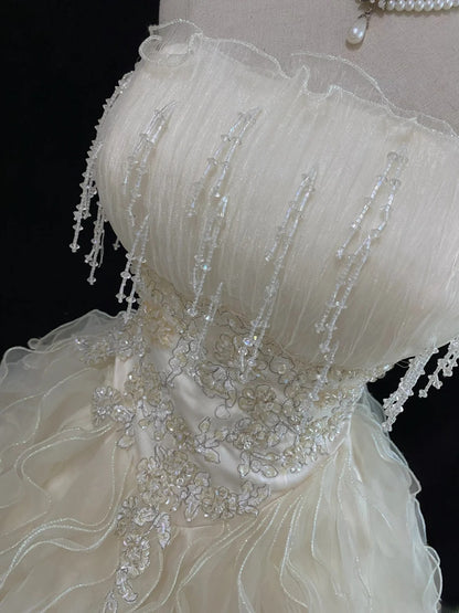 Cute Ball Gowns Strapless Ivory Tulle Sleeveless Poofy Long With Tiered Layers Quince Dress inspo Quinceanera Dresses Vestidos De 16 anos RB7749