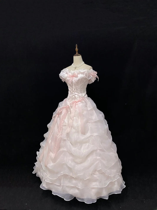 Fairytale Ball Gowns Off The Shoulder Pink Organza Poofy Long With Tiered Layers Quince Dress inspo Quinceanera Dresses Vestidos De 16 anos RB7750
