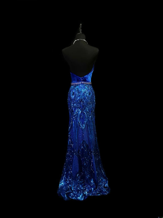 Modest Prom Dresses Mermaid Strapless Royal Blue Velvet Sequin With Beading Long Night Evening Formal Outfits RB6140